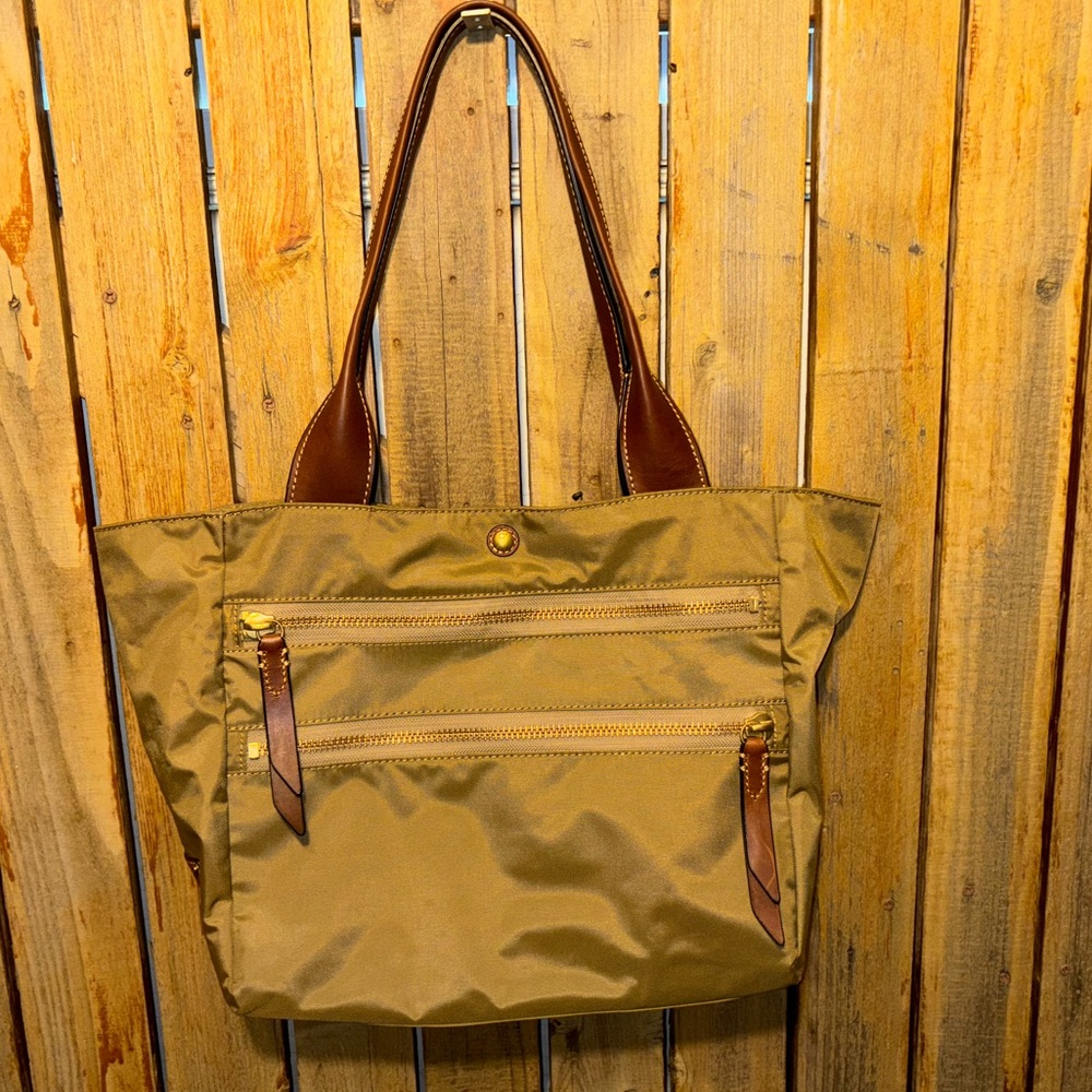 Frye khaki beige Nylon Tote with Brown Leather Handles and cosmetic bag  NWT